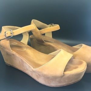Camel colored suede strap sandals. Wedge/platform heel.